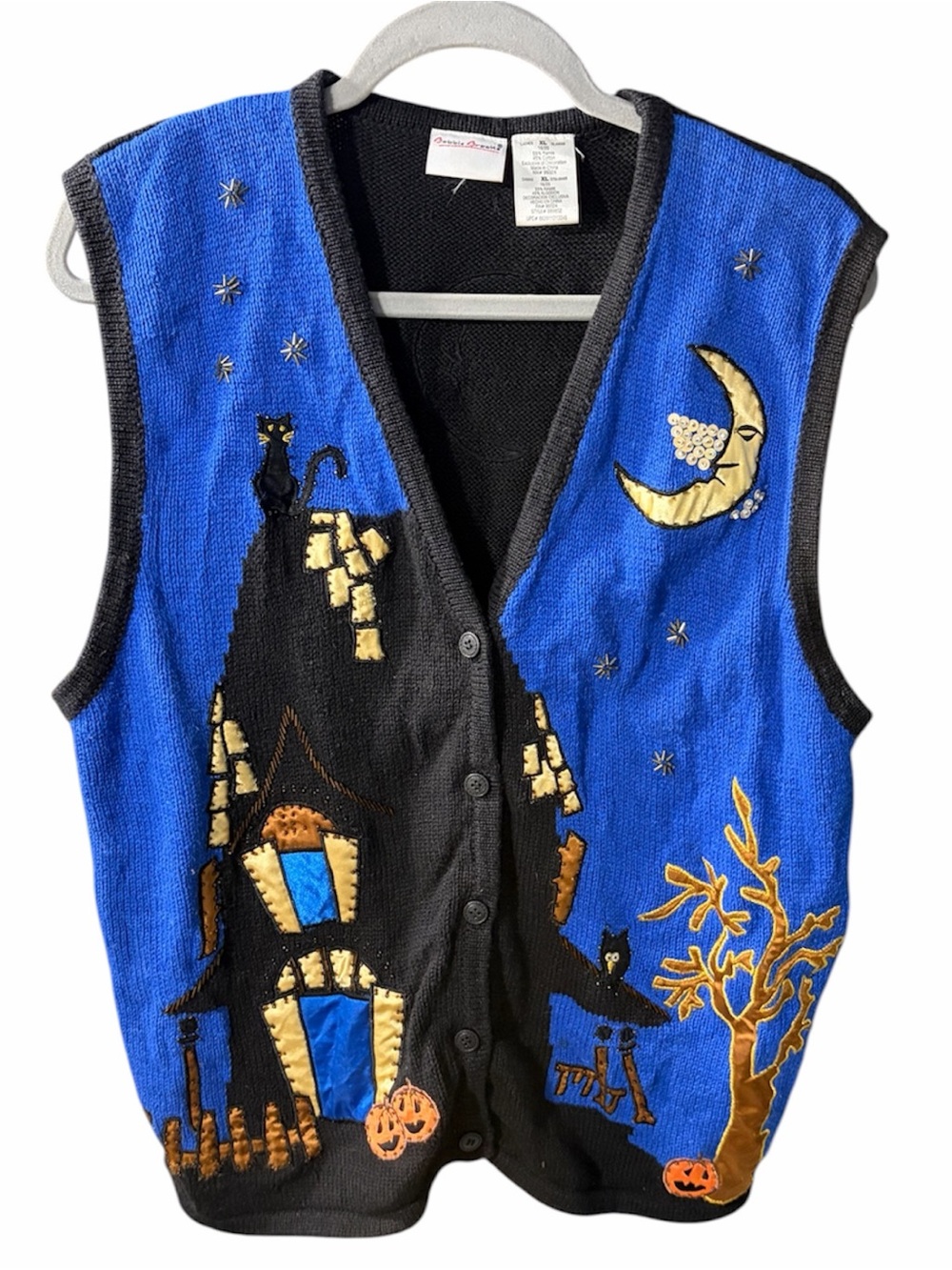 Bobbie Brooks Vintage Halloween Blue Vest with Moon, Cat & Haunted House.